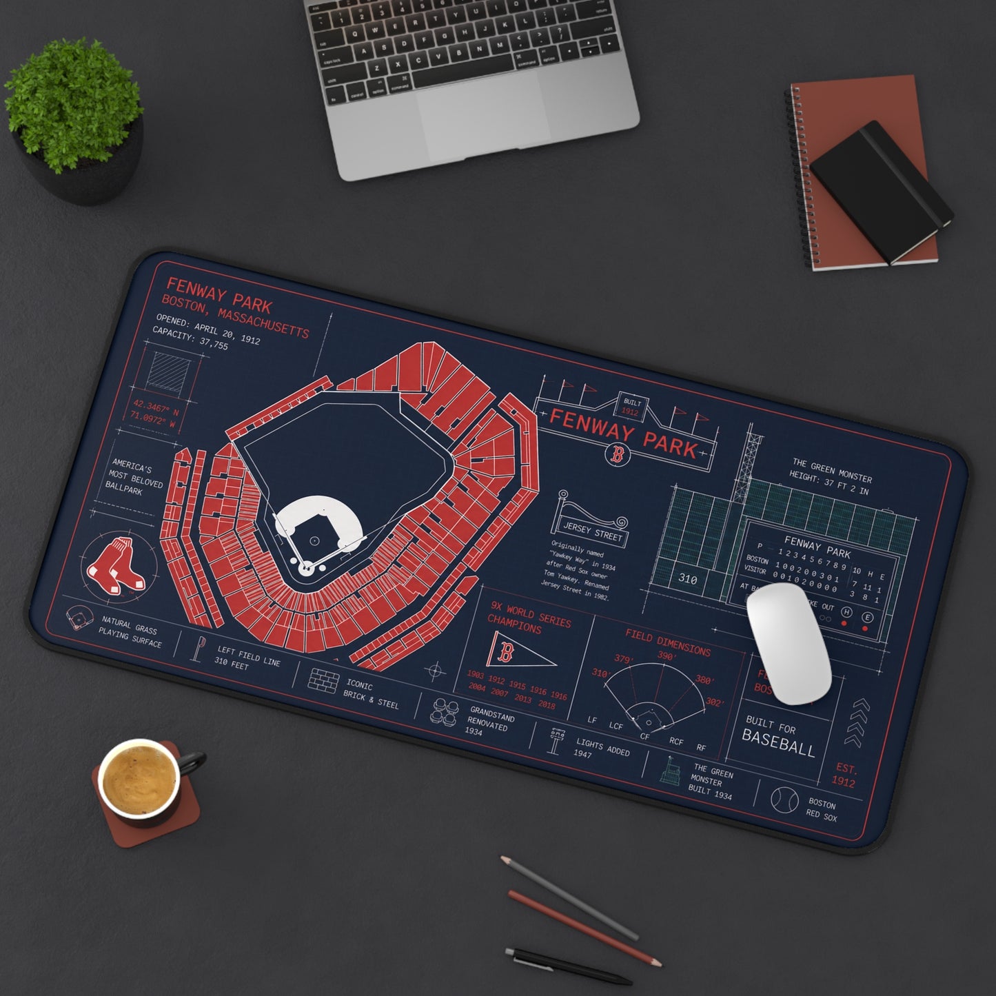 Fenway Park Desk Mat, Boston Stadium Blueprint Mouse Pad