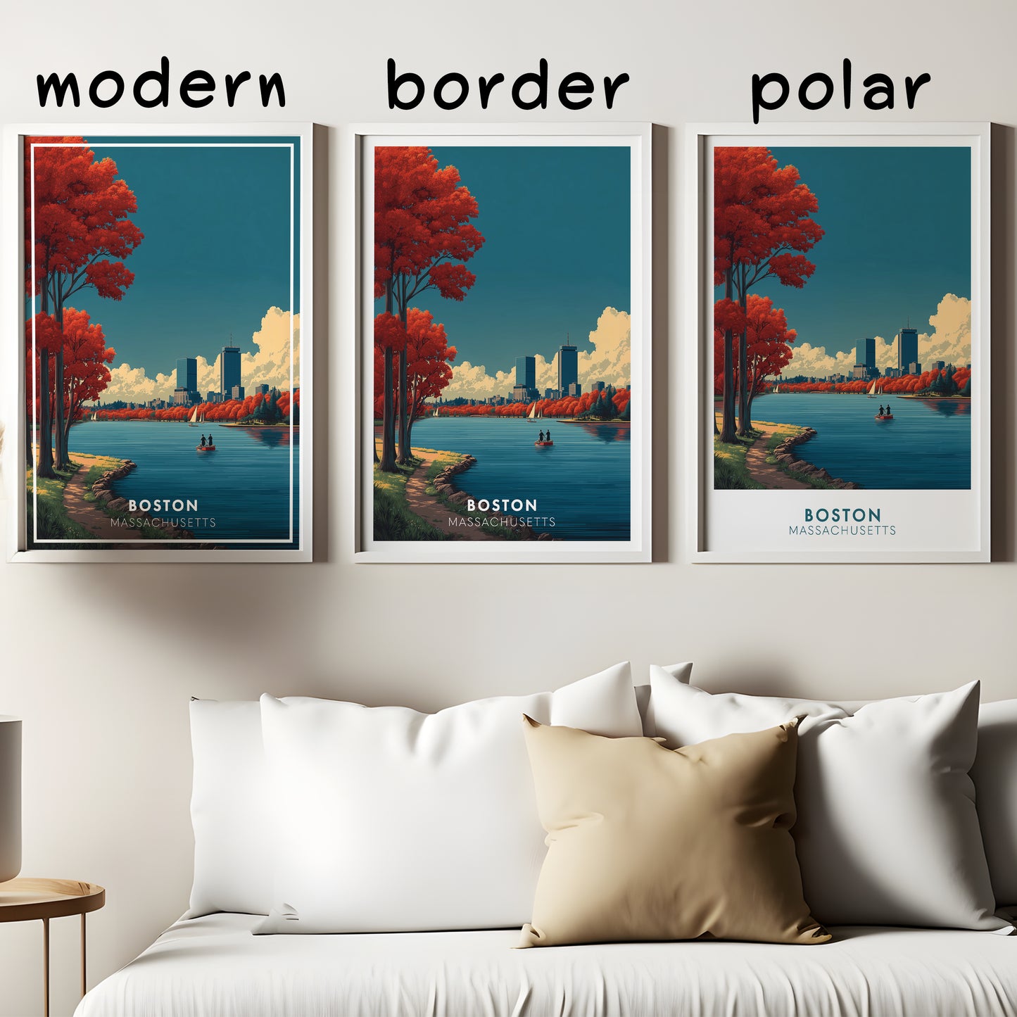 Boston, Massachusetts Travel Poster Print | Autumn Skyline Art | Charles River Sailboats