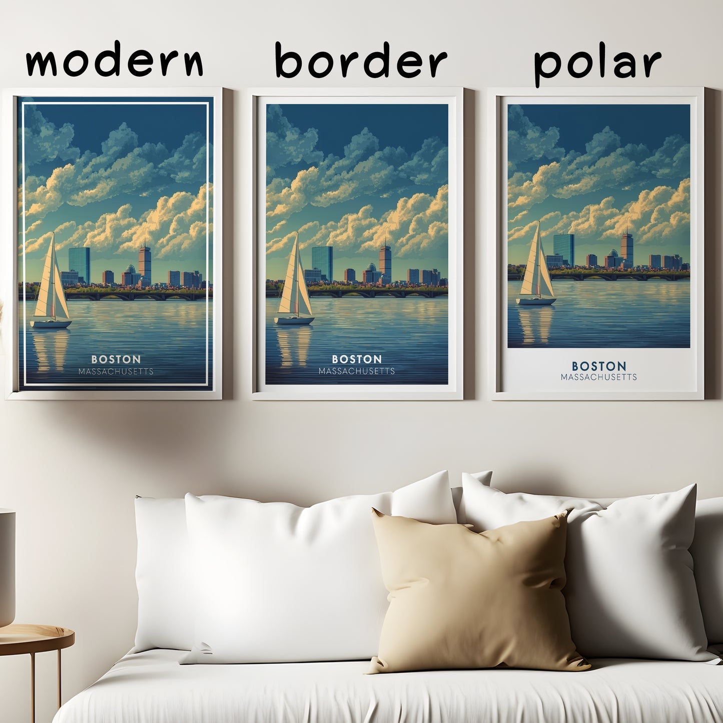 Boston Massachusetts Poster | Charles River Sailboat Art Print | Modern Travel Poster of Boston Skyline | Coastal Wall Art