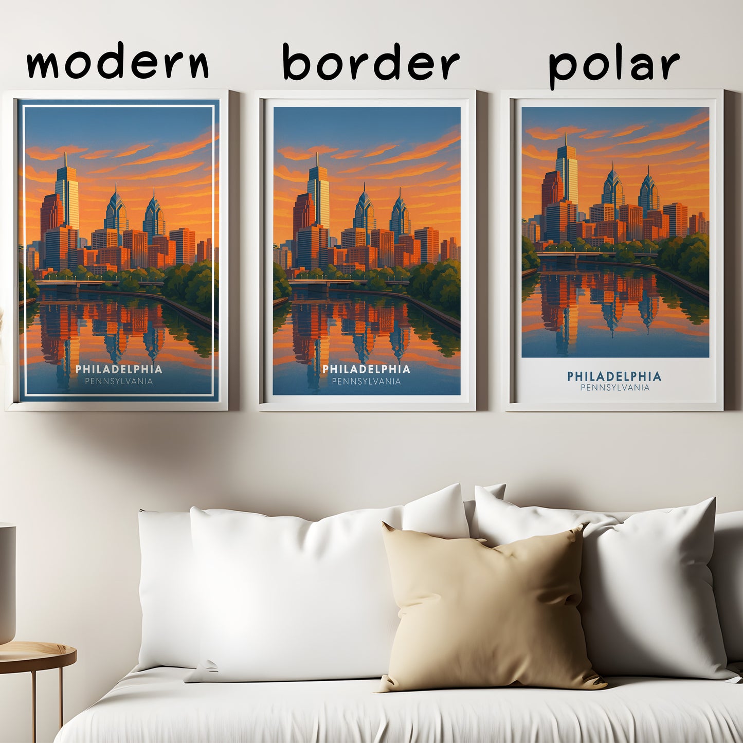 Philadelphia Skyline Travel Poster - Colorful Illustration with Sunset & River Reflections - Gift for Travelers