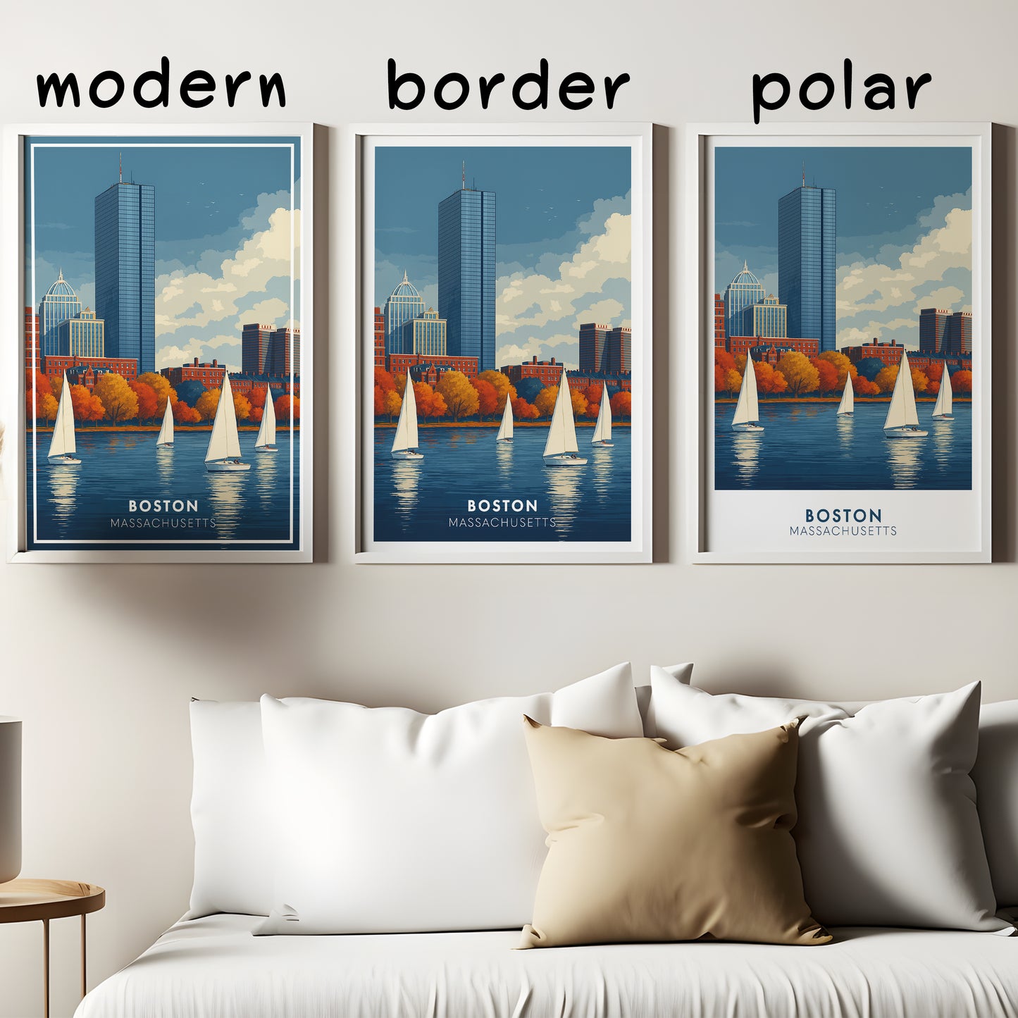 Boston Massachusetts Poster | Charles River Sailboat Art Print | Modern Travel Poster of Boston Skyline | Coastal Wall Art