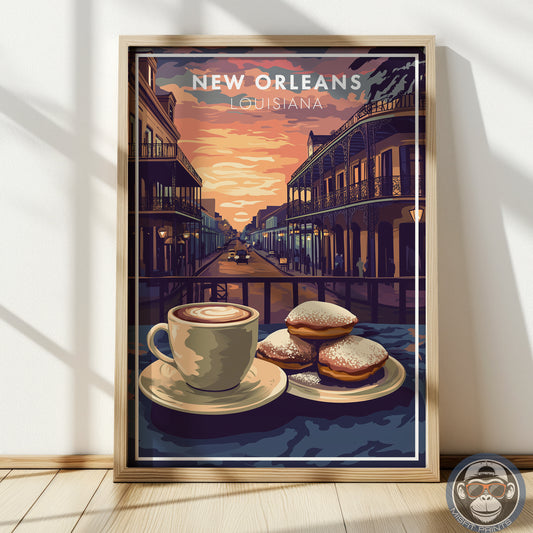 New Orleans Coffee & Beignets Print: French Quarter Vintage Travel Poster