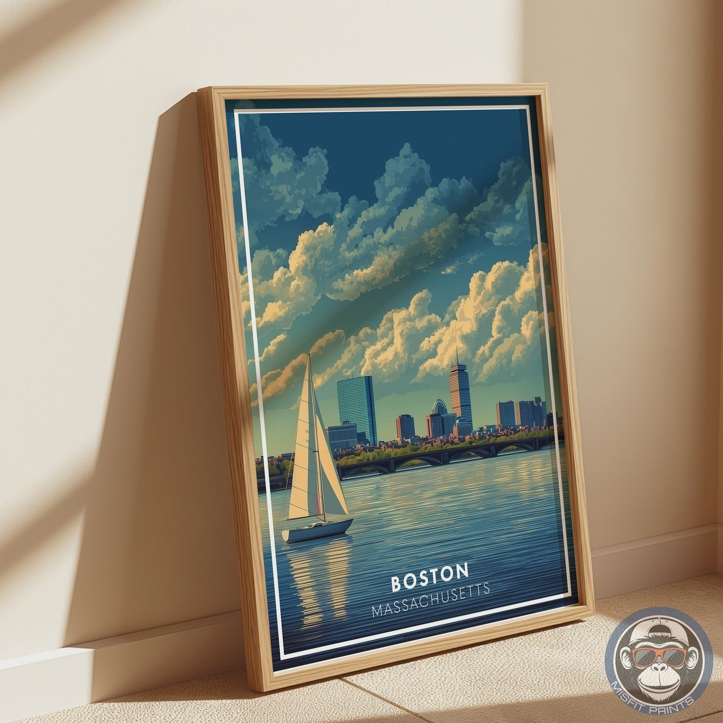 Boston Massachusetts Poster | Charles River Sailboat Art Print | Modern Travel Poster of Boston Skyline | Coastal Wall Art