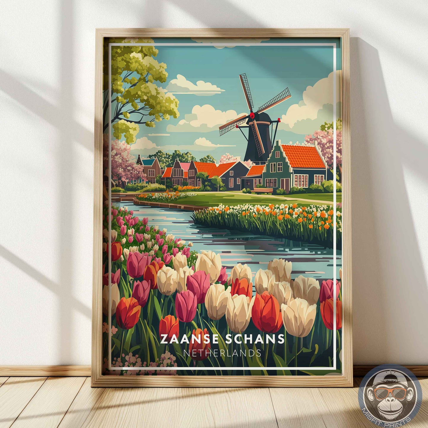 Zaanse Schans Poster – Netherlands Travel Wall Art, Windmill and Tulip Field Print