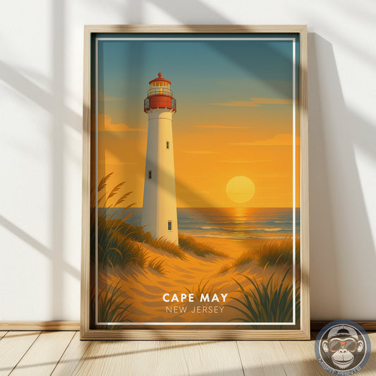 Cape May Lighthouse Poster – New Jersey Coastal Wall Art – Minimalist Travel Print – Beach Sunset Home Decor