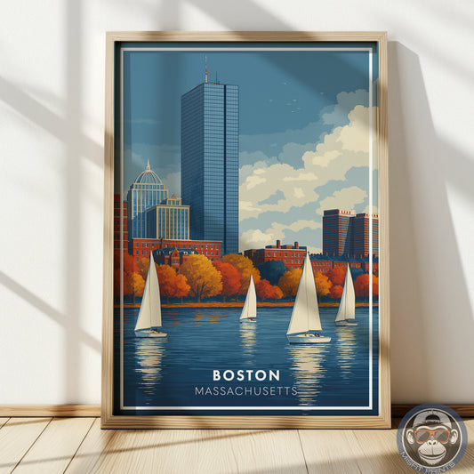 Boston Massachusetts Poster | Charles River Sailboat Art Print | Modern Travel Poster of Boston Skyline | Coastal Wall Art