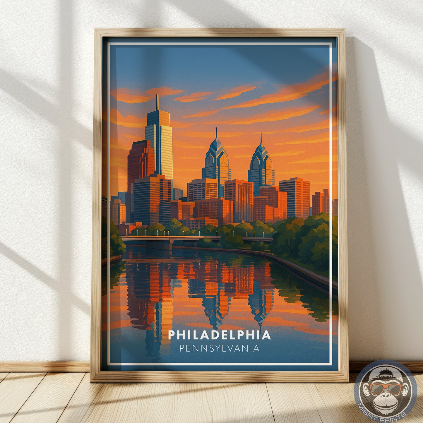 Philadelphia Skyline Travel Poster - Colorful Illustration with Sunset & River Reflections - Gift for Travelers