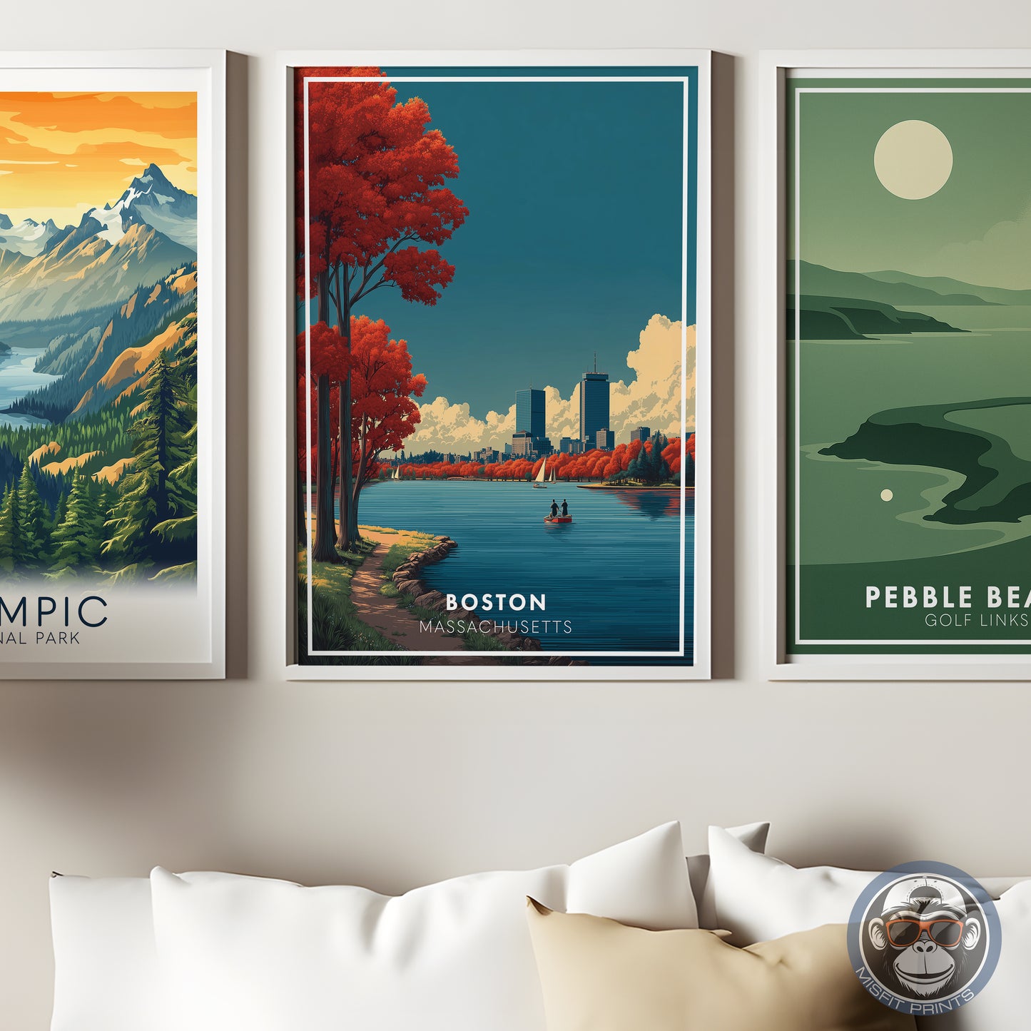 Boston, Massachusetts Travel Poster Print | Autumn Skyline Art | Charles River Sailboats