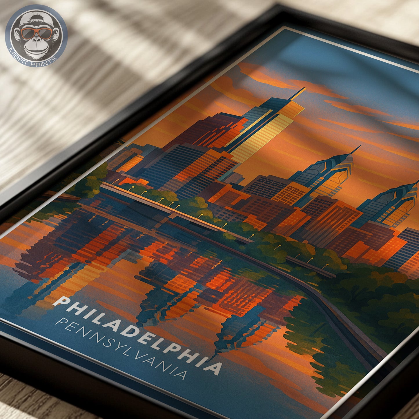 Philadelphia Skyline Travel Poster - Colorful Illustration with Sunset & River Reflections - Gift for Travelers