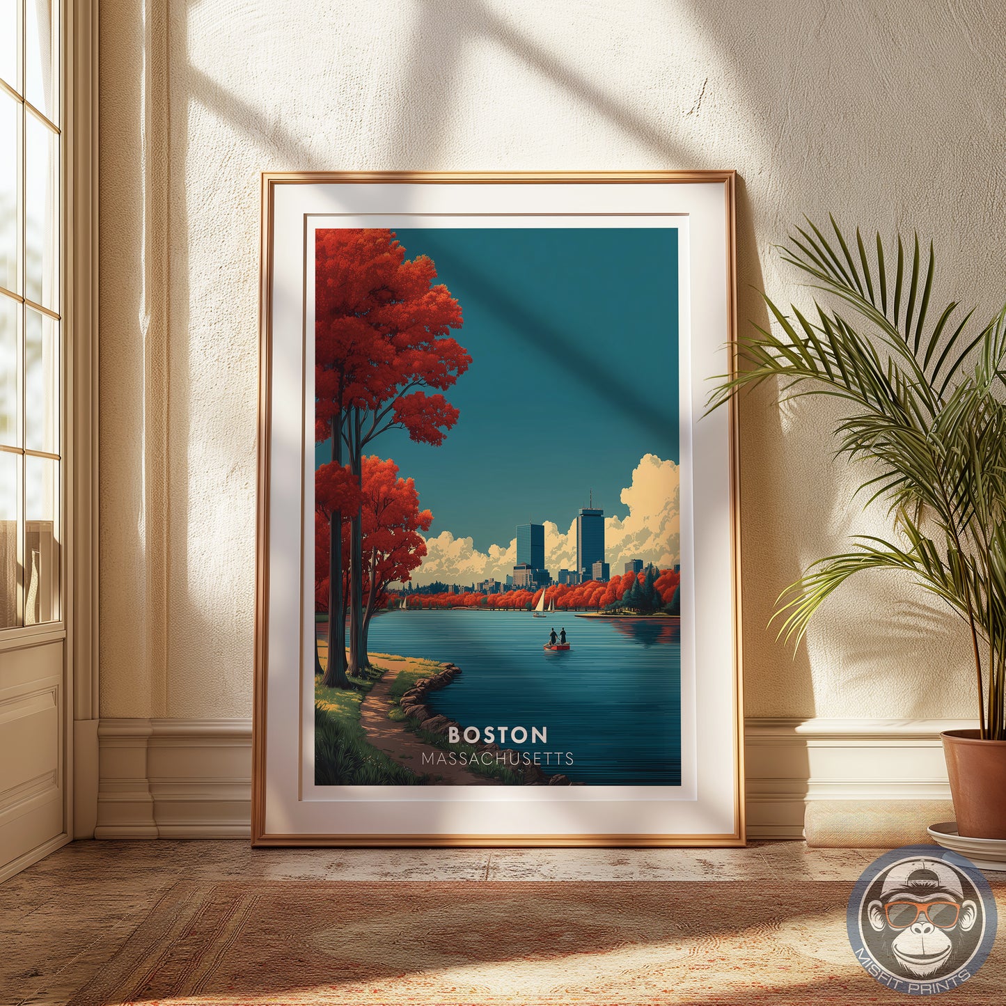Boston, Massachusetts Travel Poster Print | Autumn Skyline Art | Charles River Sailboats