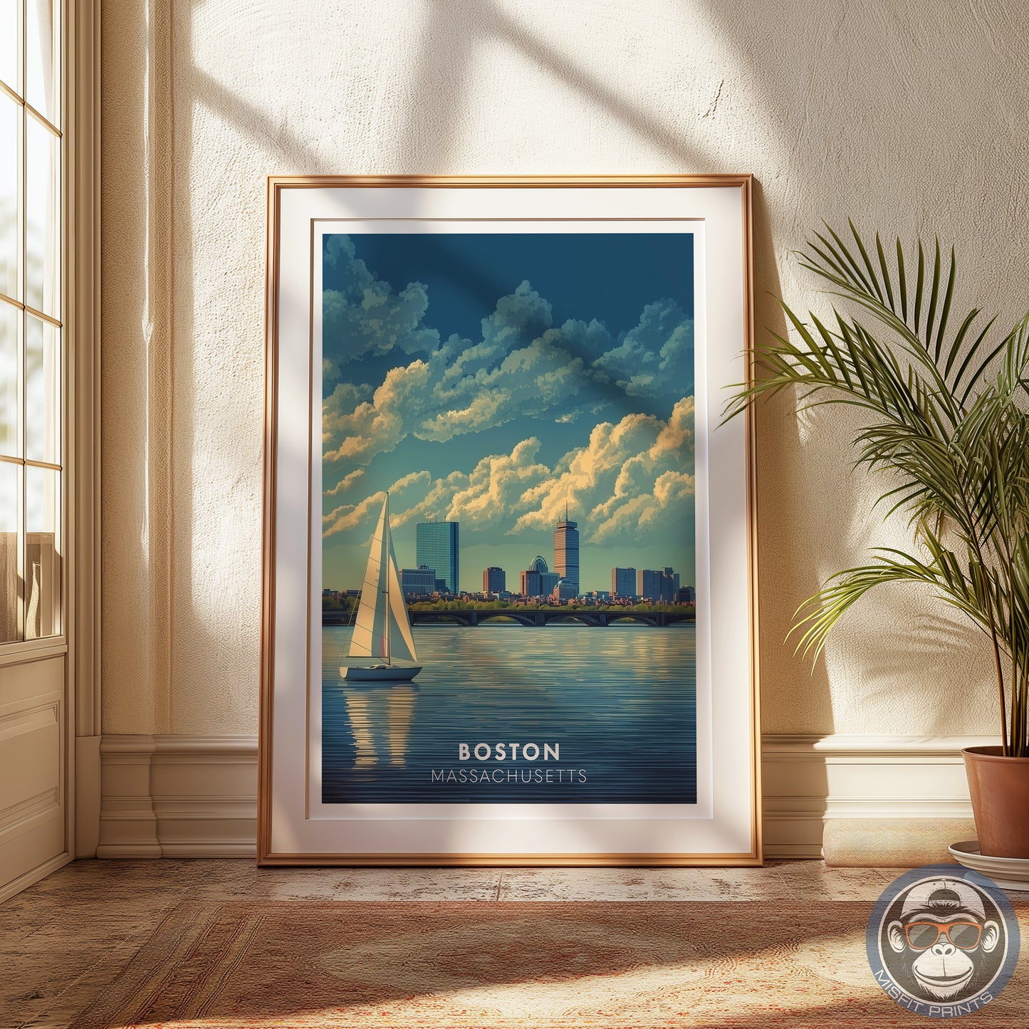 Boston Massachusetts Poster | Charles River Sailboat Art Print | Modern Travel Poster of Boston Skyline | Coastal Wall Art