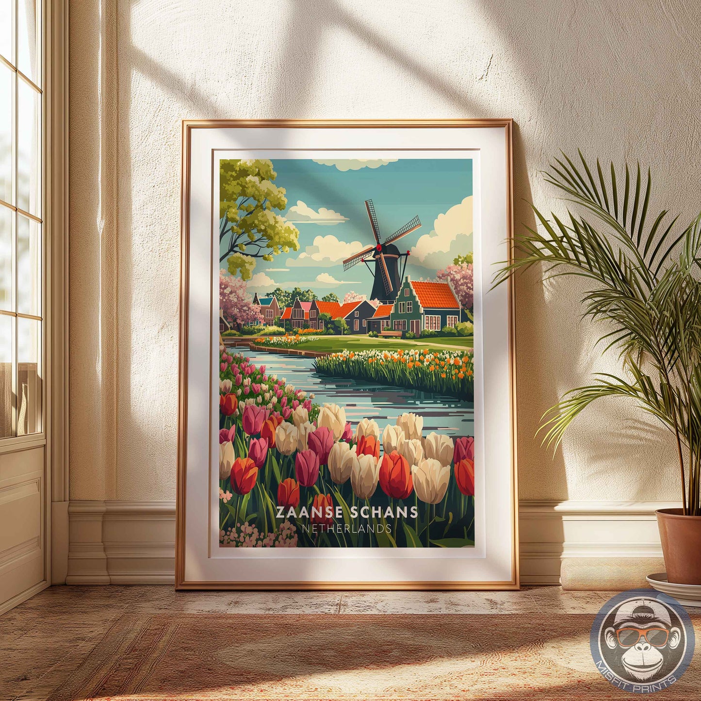 Zaanse Schans Poster – Netherlands Travel Wall Art, Windmill and Tulip Field Print