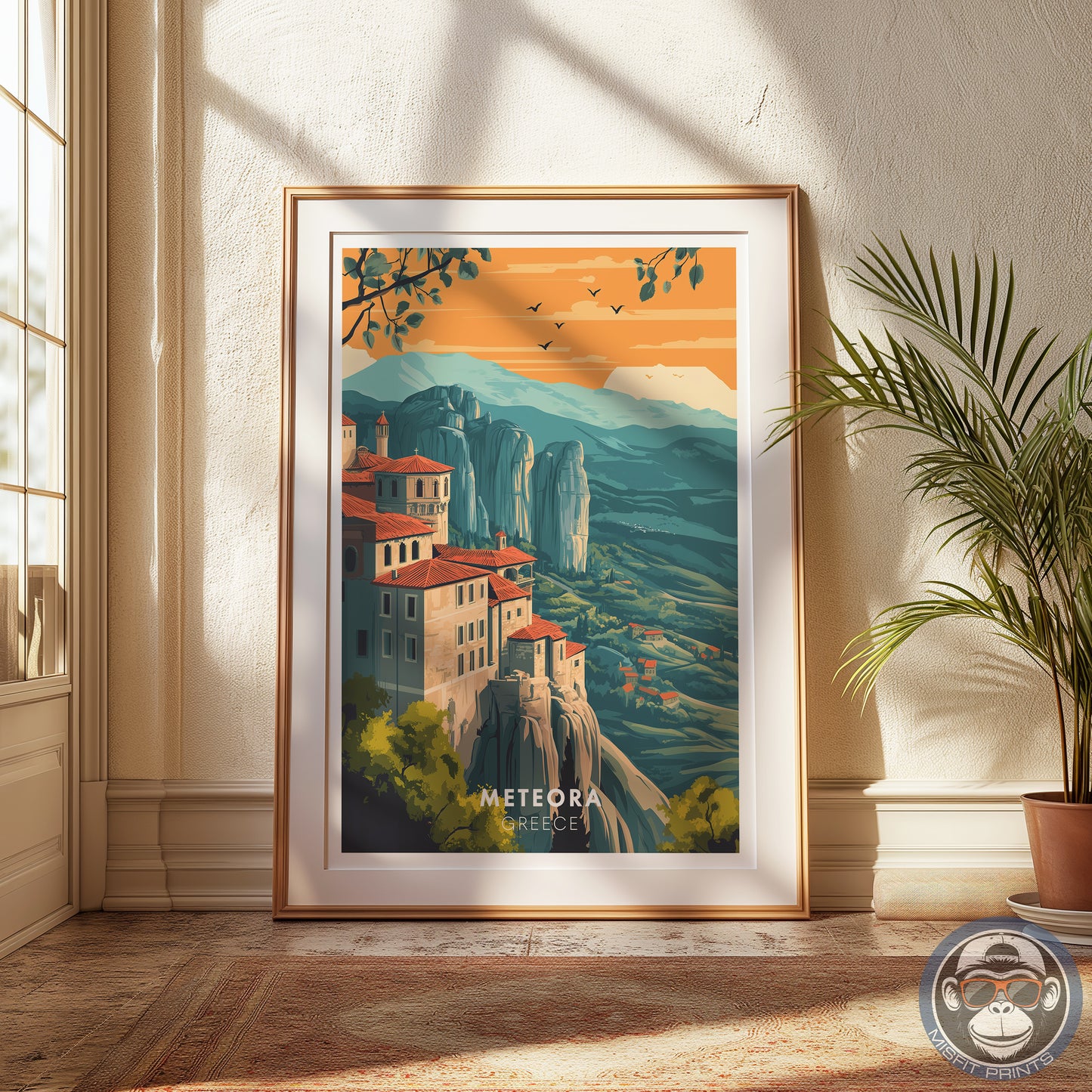 Meteora Greece Travel Poster: Vintage Mountain Art Print