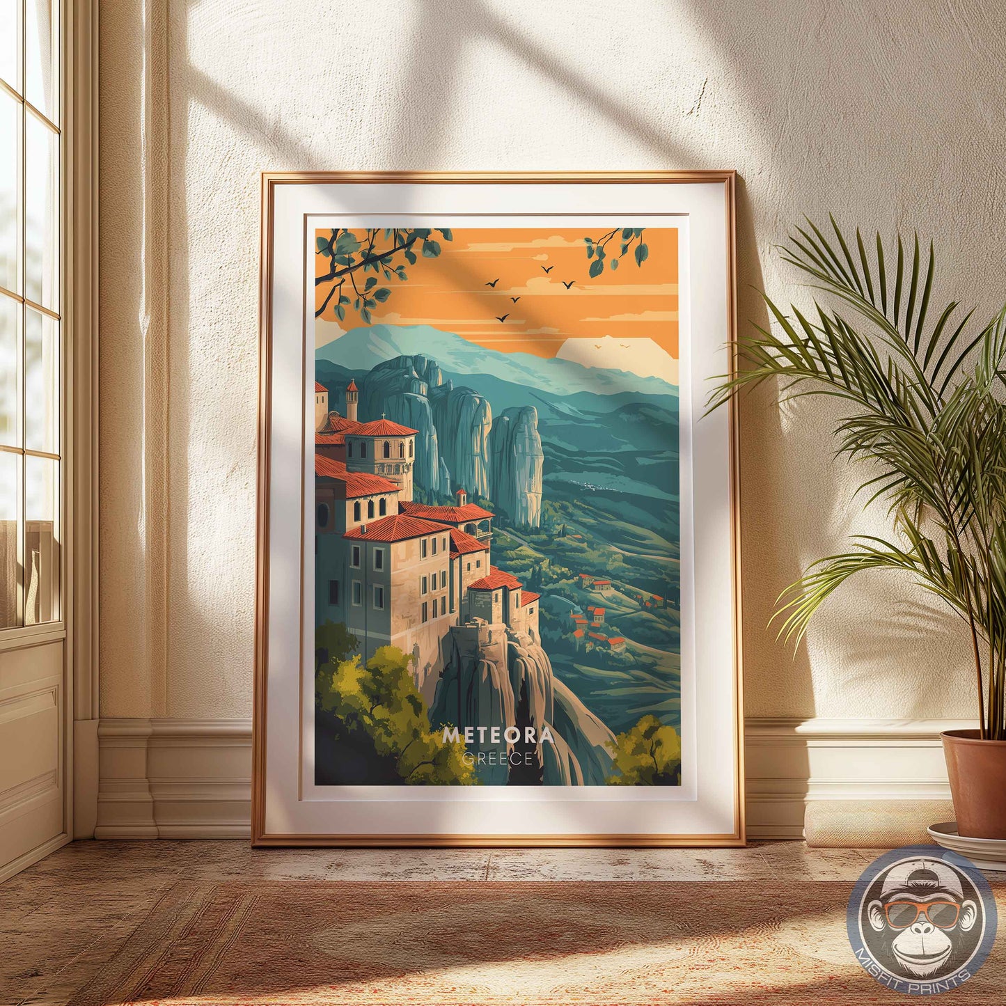 Meteora Greece Poster – Monastery Wall Art, European Travel Print, Mountain Landscape Decor