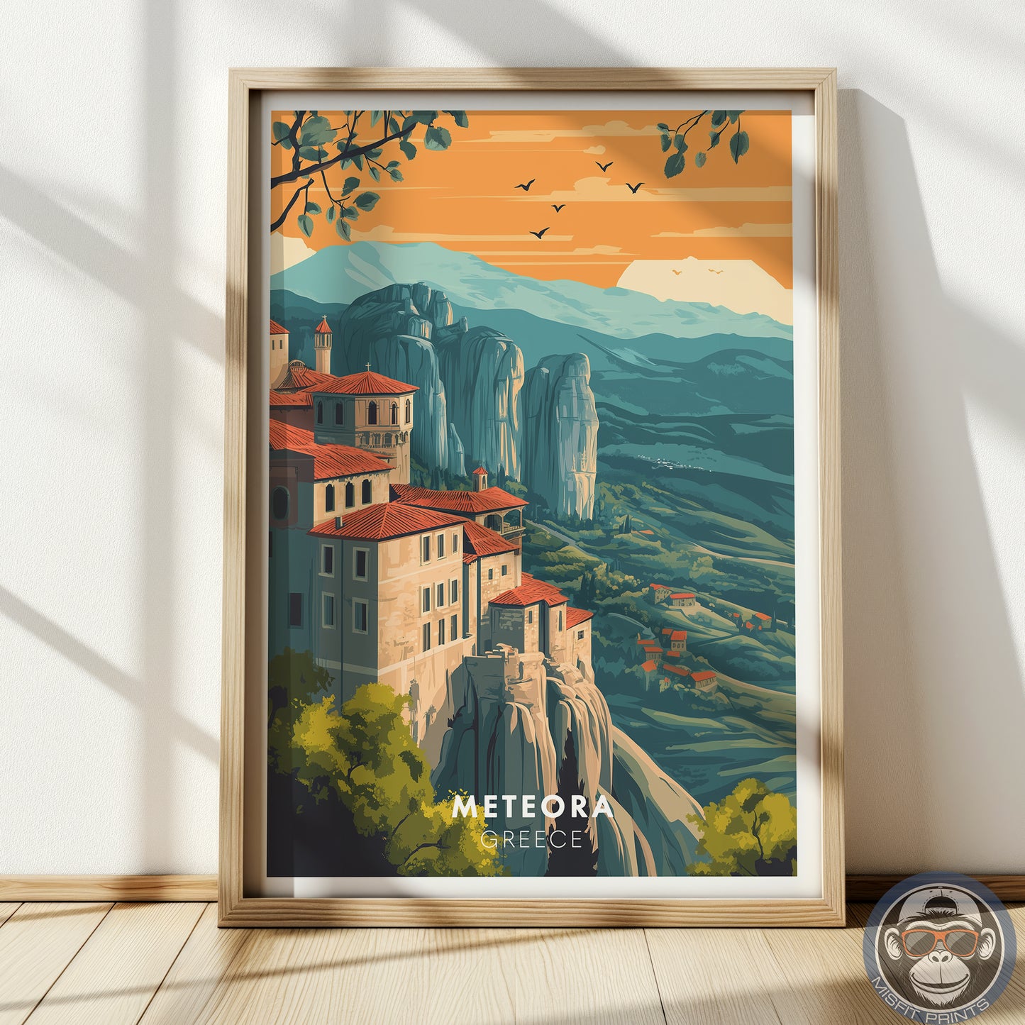 Meteora Greece Travel Poster: Vintage Mountain Art Print