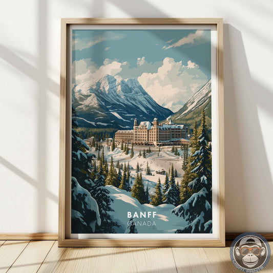 Banff Poster – Canada Travel Wall Art, Rocky Mountain Winter Print, Castle Hotel Decor