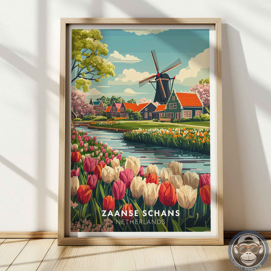 Zaanse Schans Poster – Netherlands Travel Wall Art, Windmill and Tulip Field Print