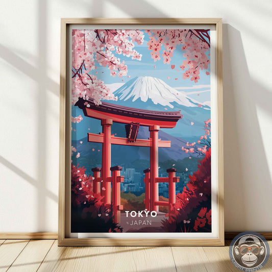 Tokyo Poster – Japan Travel Wall Art, Mount Fuji Print, Torii Gate and Cherry Blossom Decor