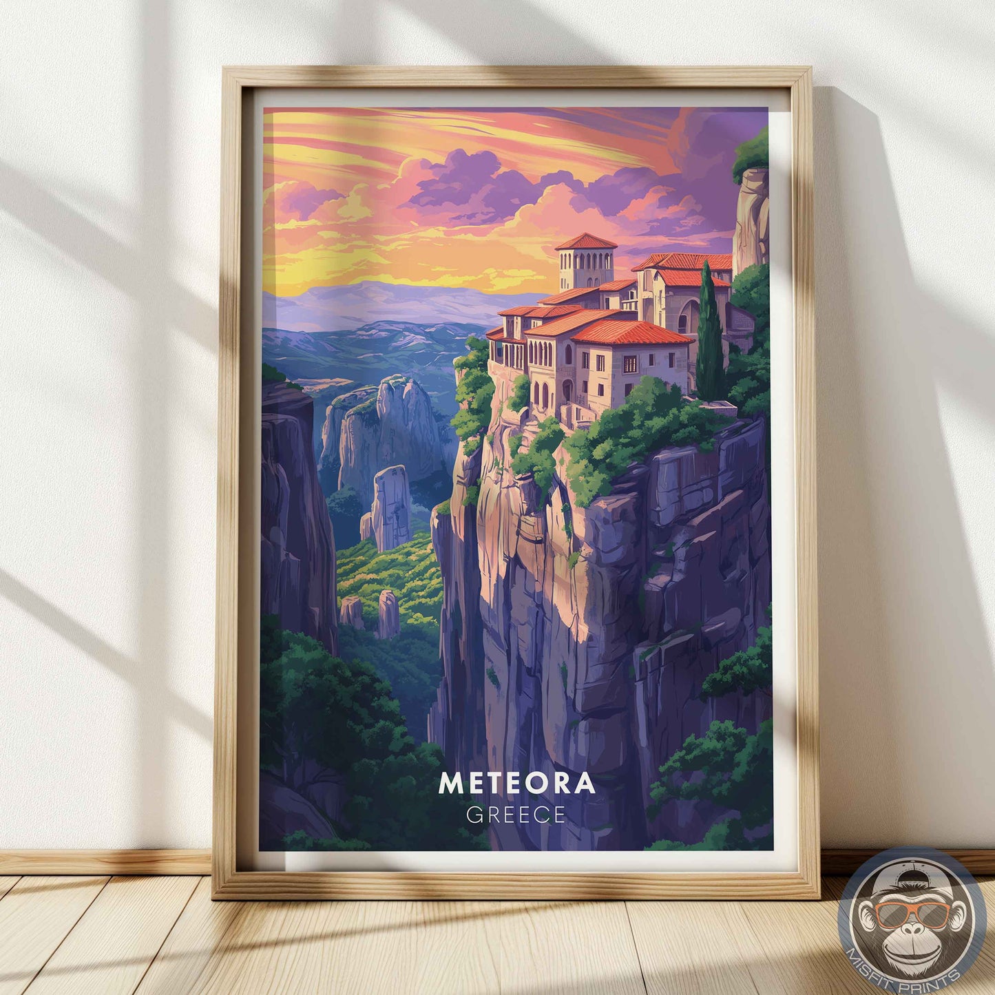 Meteora Greece Poster – Monastery Wall Art, Mountain Travel Print, European Landscape Decor