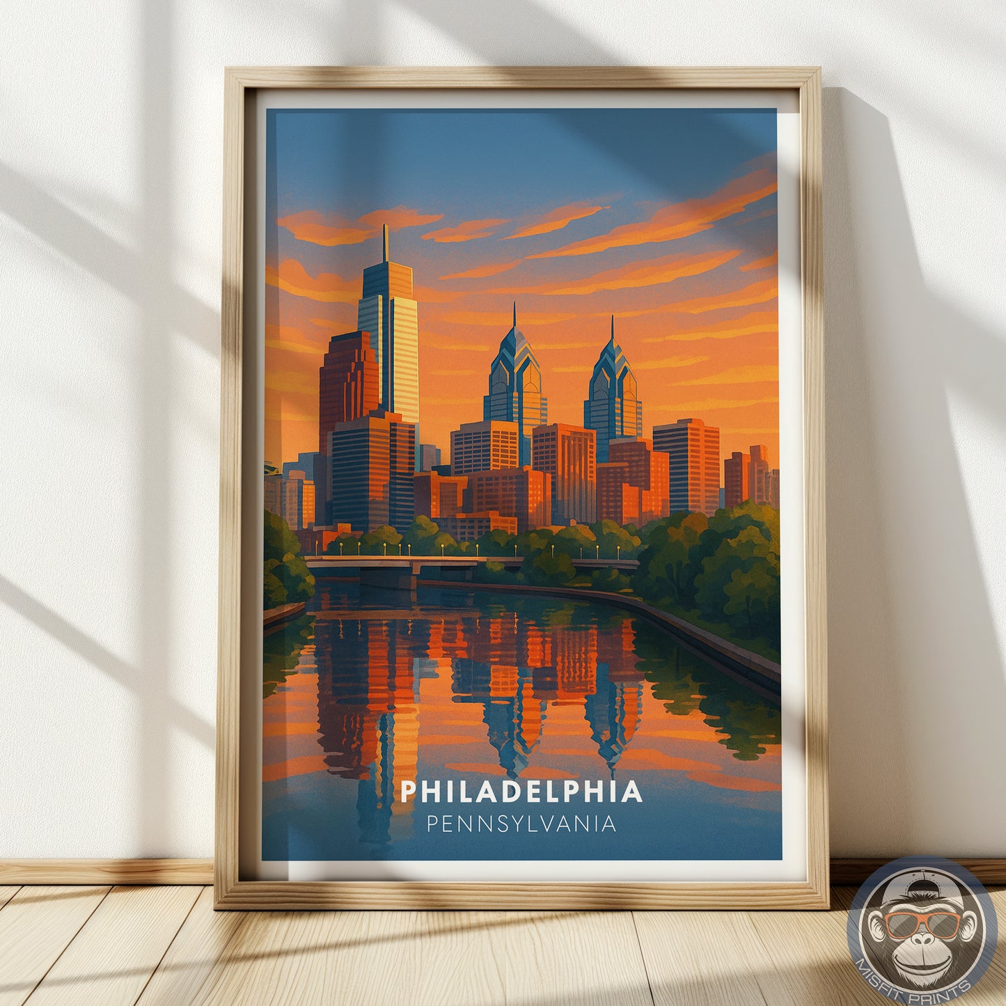 Philadelphia Skyline Travel Poster - Colorful Illustration with Sunset & River Reflections - Gift for Travelers