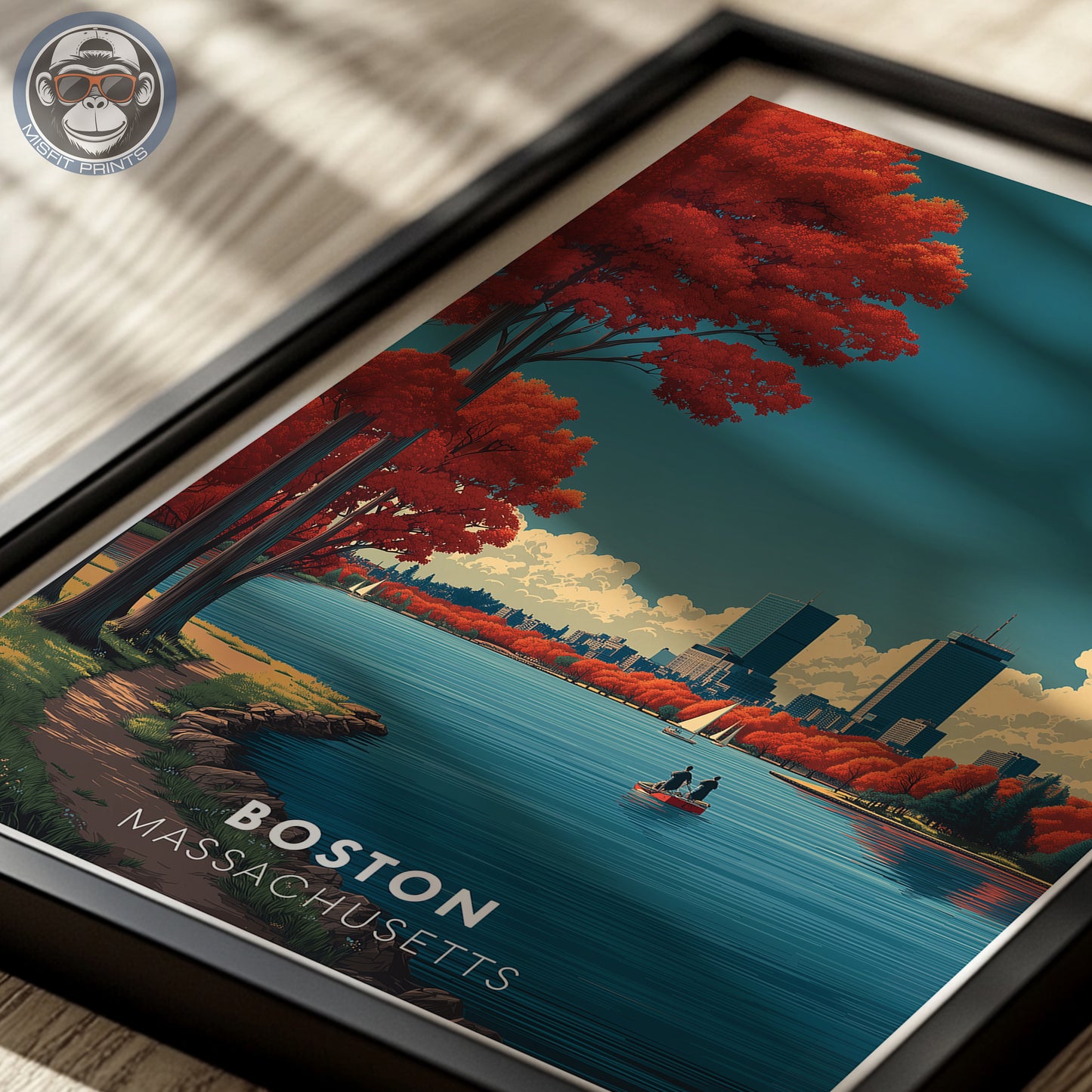 Boston, Massachusetts Travel Poster Print | Autumn Skyline Art | Charles River Sailboats