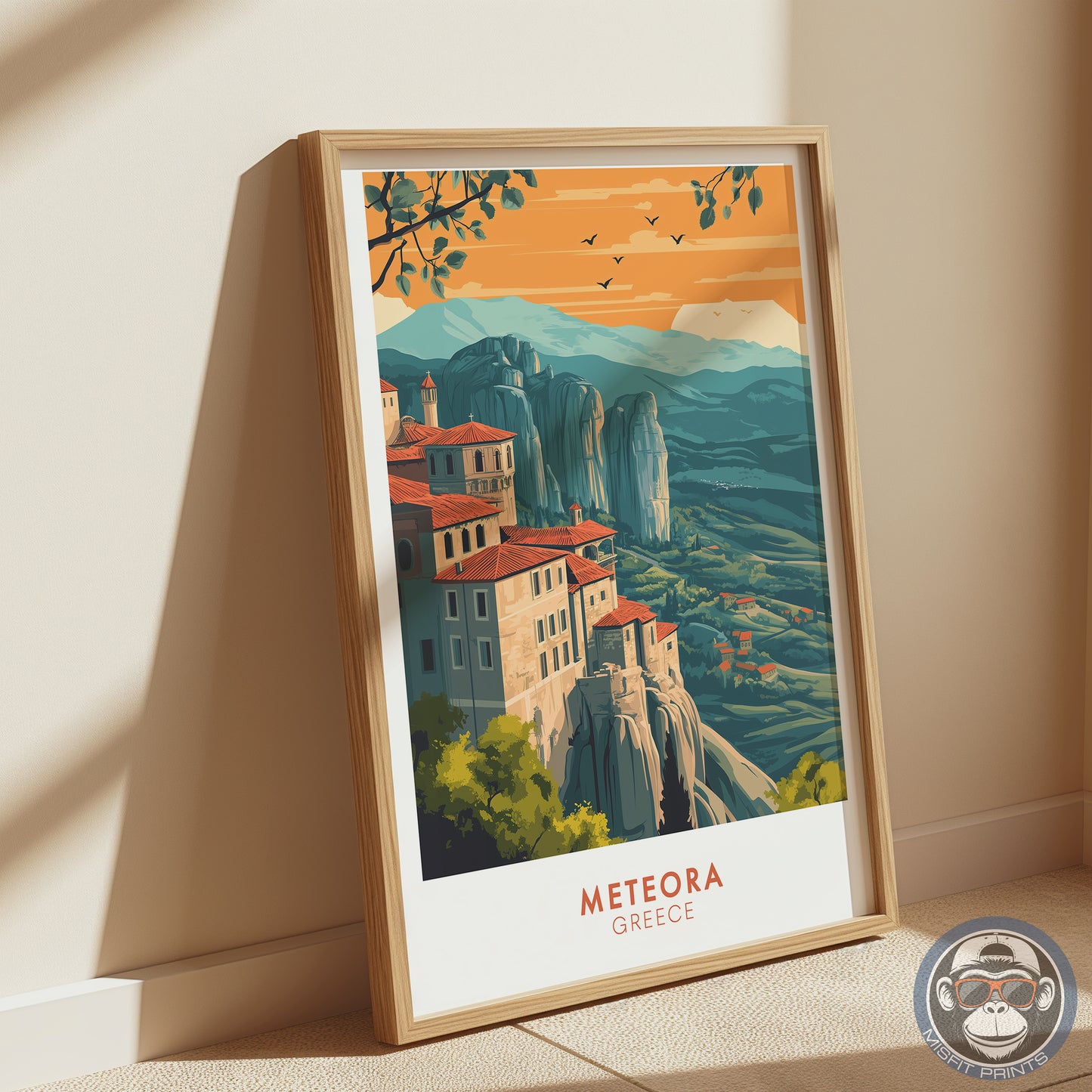 Meteora Greece Travel Poster: Vintage Mountain Art Print