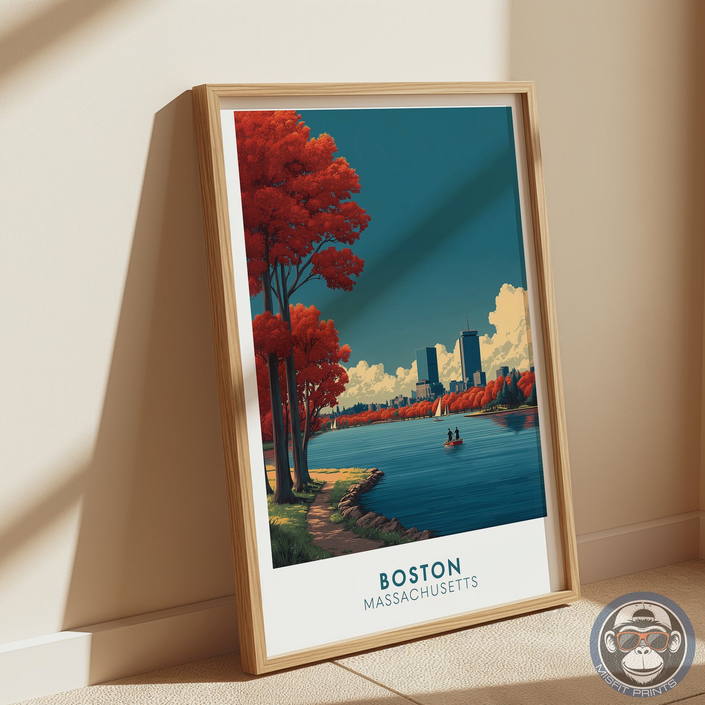 Boston, Massachusetts Travel Poster Print | Autumn Skyline Art | Charles River Sailboats