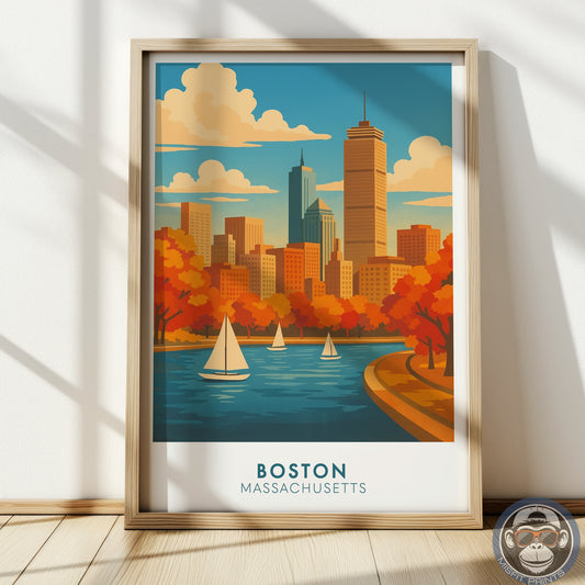 Boston Travel Poster - Sailboats on Charles River - Skyline Art Print