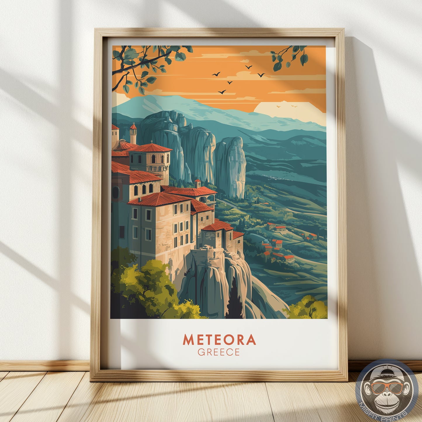 Meteora Greece Travel Poster: Vintage Mountain Art Print