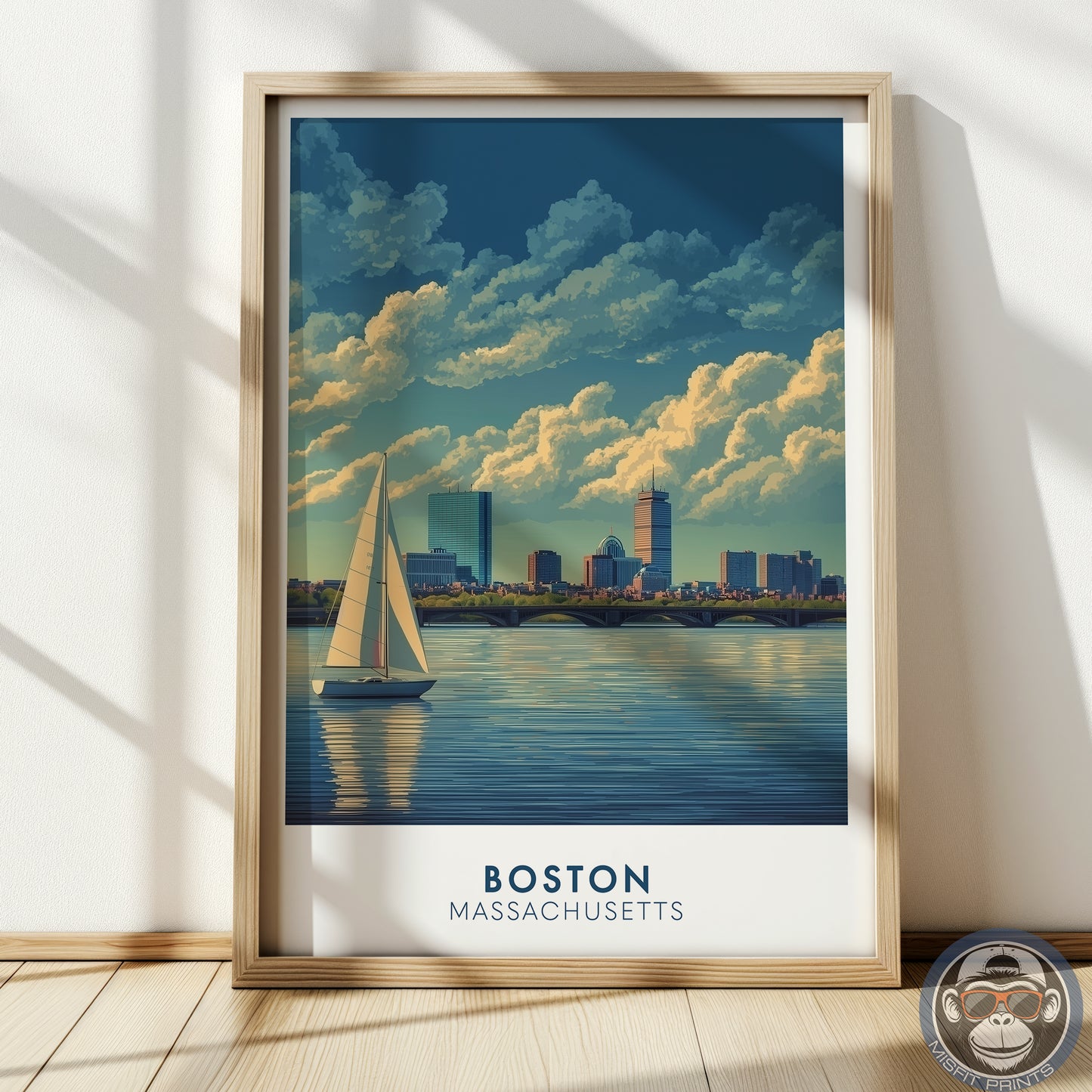 Boston Massachusetts Poster | Charles River Sailboat Art Print | Modern Travel Poster of Boston Skyline | Coastal Wall Art