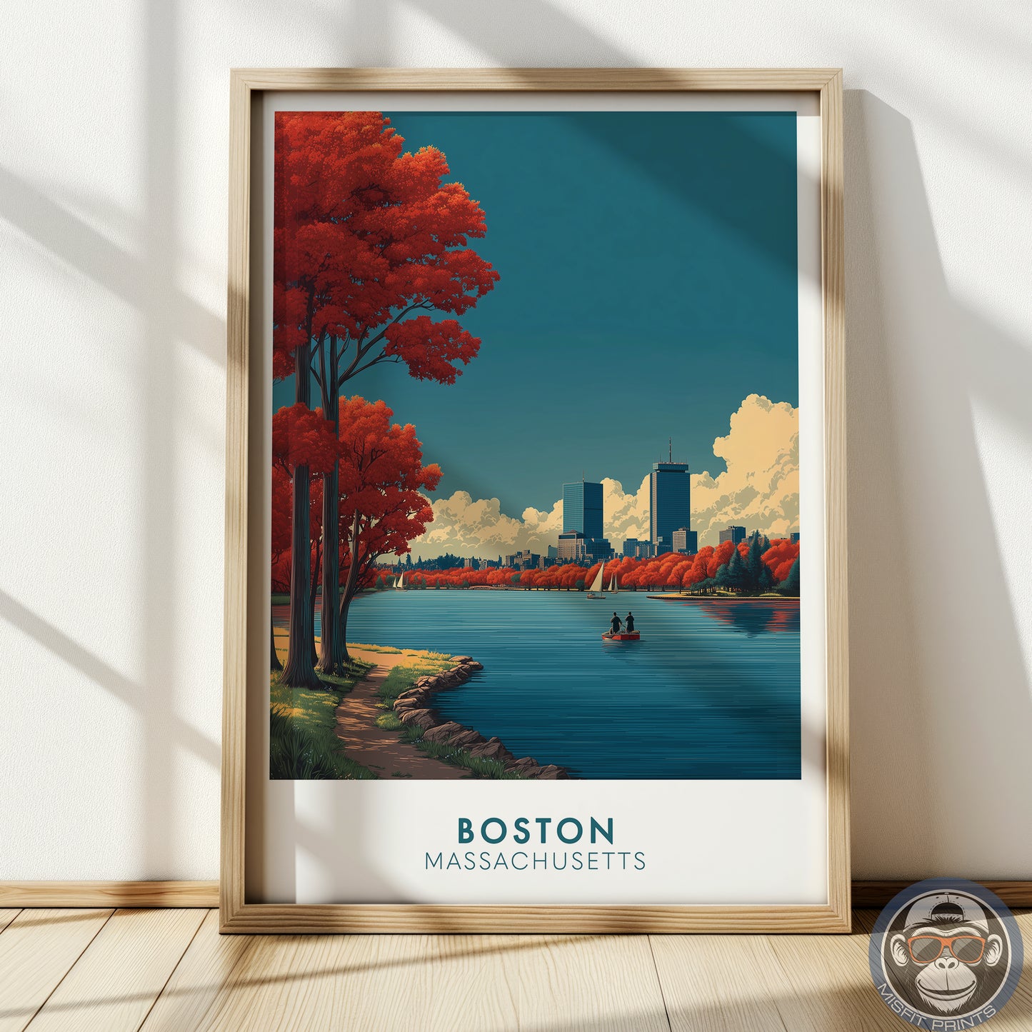 Boston, Massachusetts Travel Poster Print | Autumn Skyline Art | Charles River Sailboats