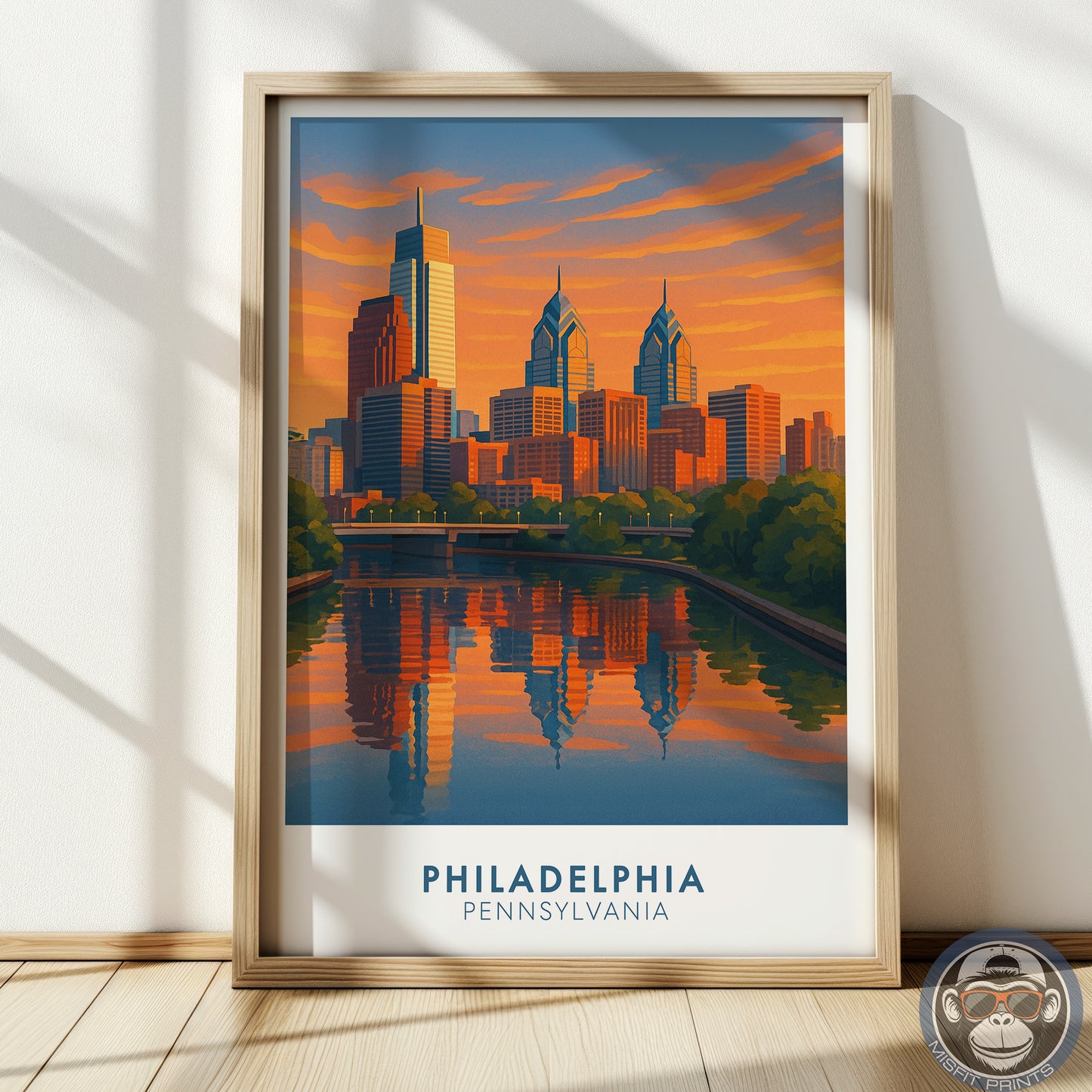 Philadelphia Skyline Travel Poster - Colorful Illustration with Sunset & River Reflections - Gift for Travelers