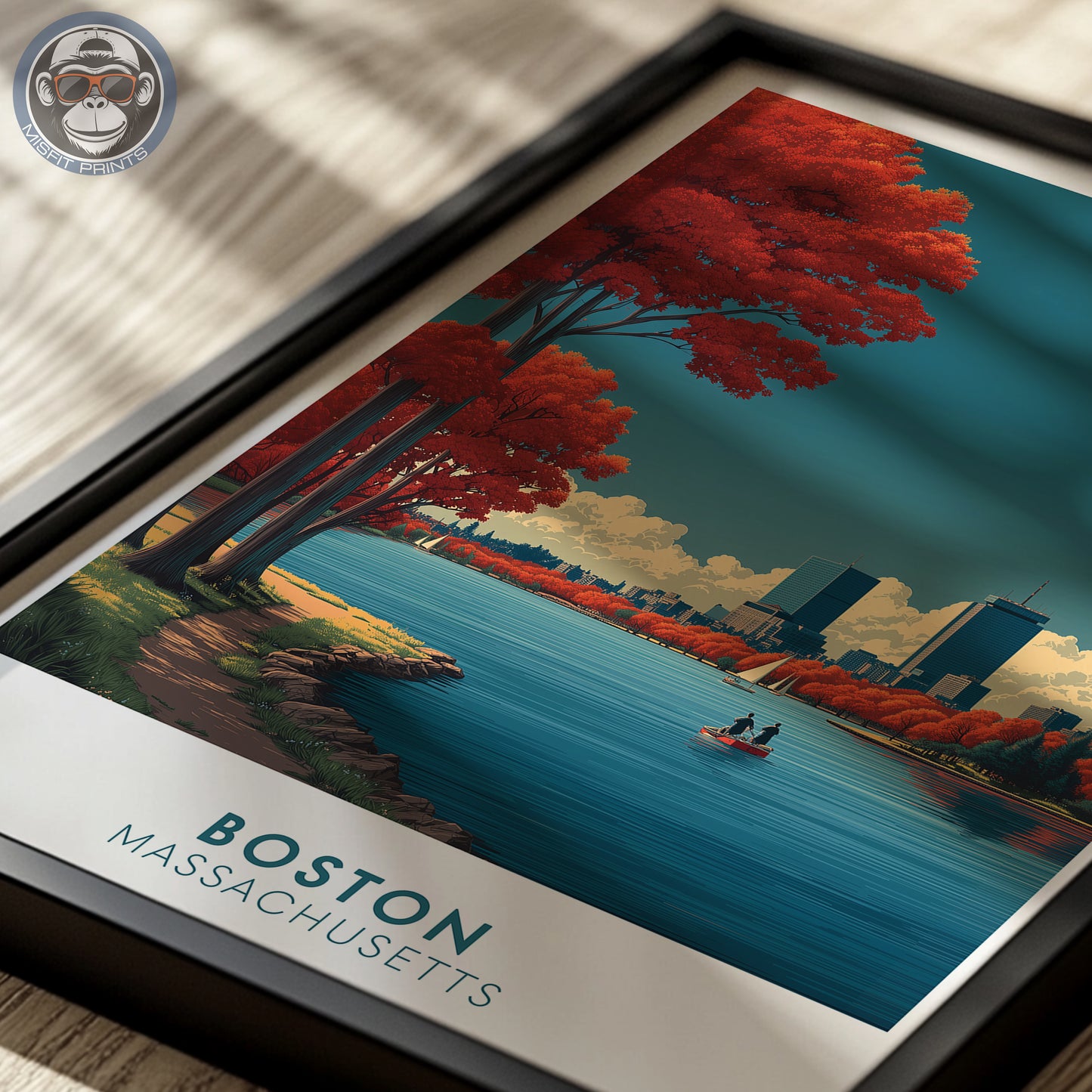 Boston, Massachusetts Travel Poster Print | Autumn Skyline Art | Charles River Sailboats