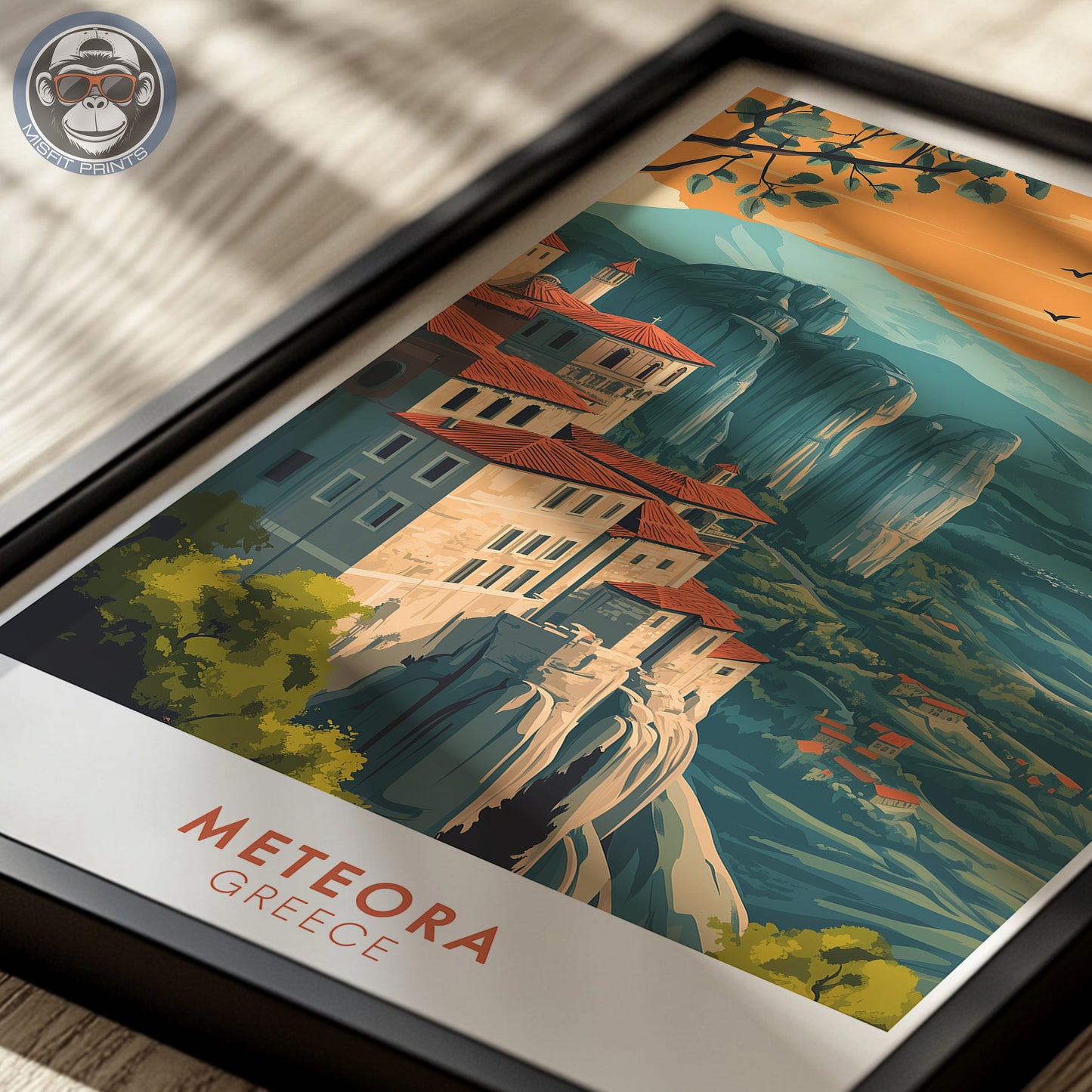 Meteora Greece Travel Poster: Vintage Mountain Art Print