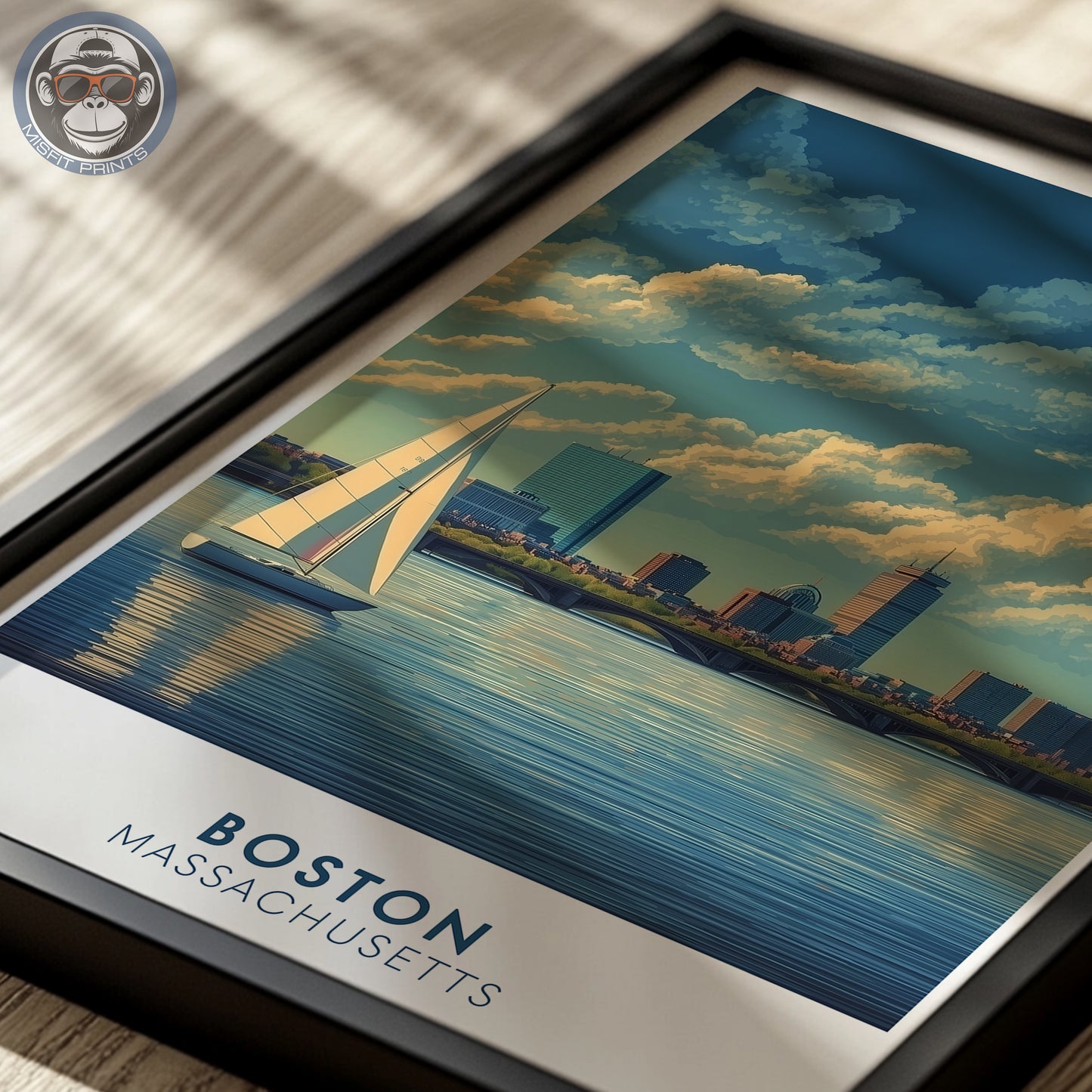 Boston Massachusetts Poster | Charles River Sailboat Art Print | Modern Travel Poster of Boston Skyline | Coastal Wall Art