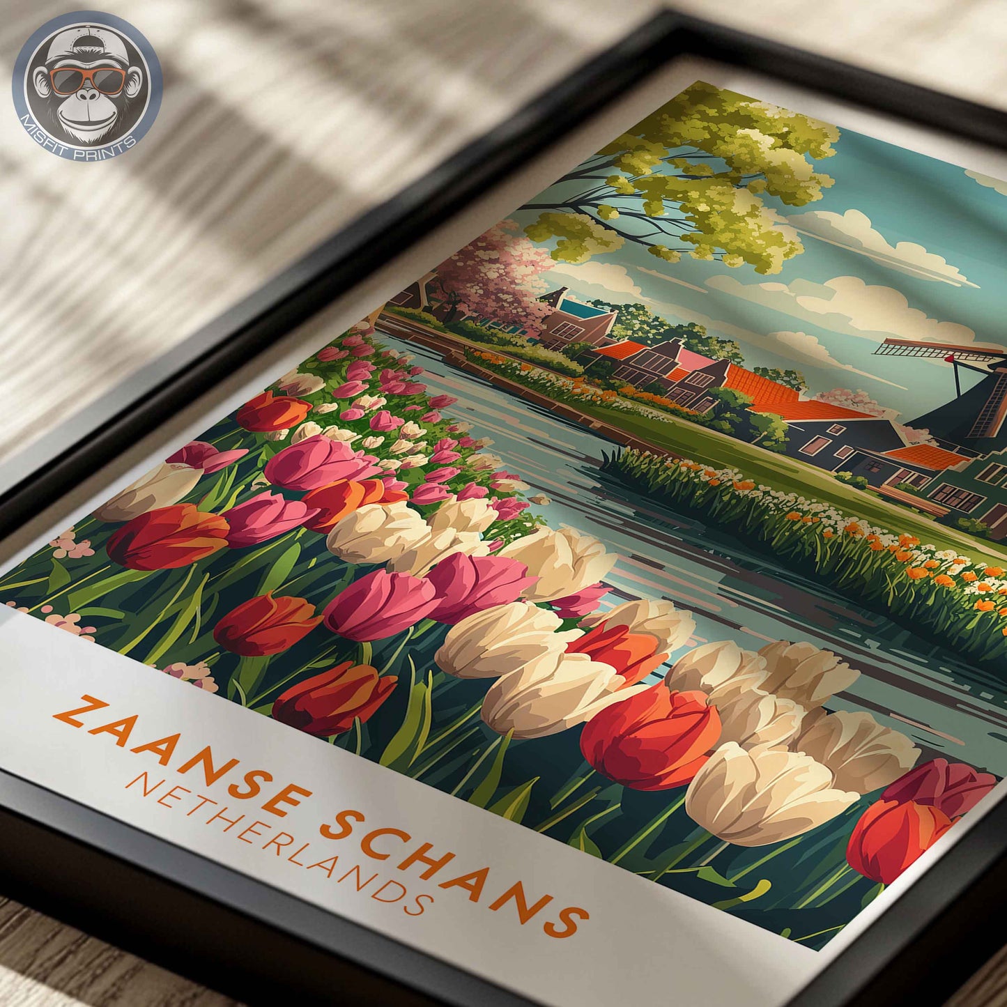 Zaanse Schans Poster – Netherlands Travel Wall Art, Windmill and Tulip Field Print