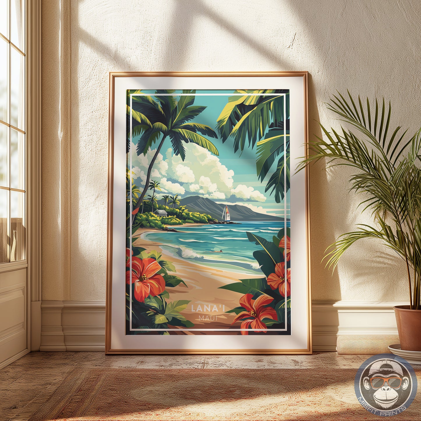 Lanai Maui Hawaii Poster | Tropical Beach Wall Art, Hawaiian Travel Print, Palm Tree Coastal Decor, Retro Island Illustration