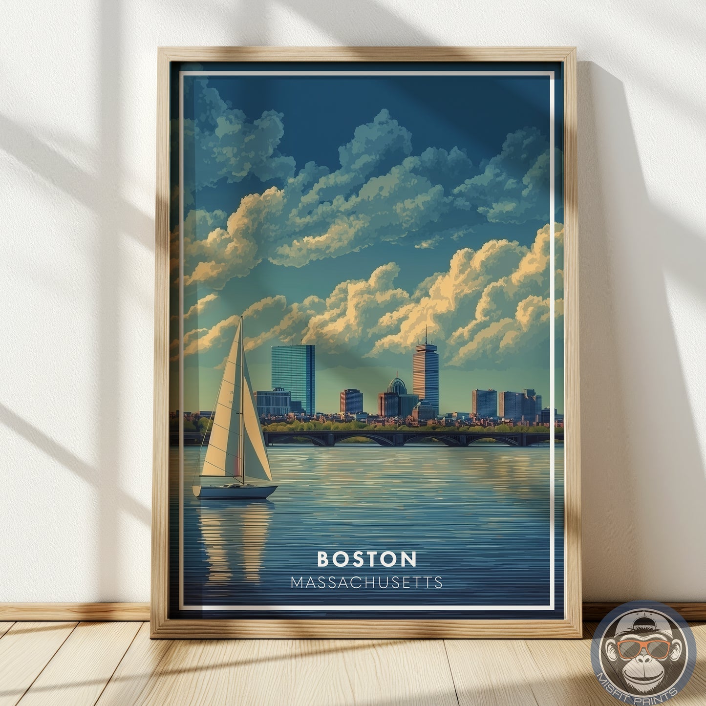 Boston Massachusetts Poster | Charles River Sailboat Art Print | Modern Travel Poster of Boston Skyline | Coastal Wall Art
