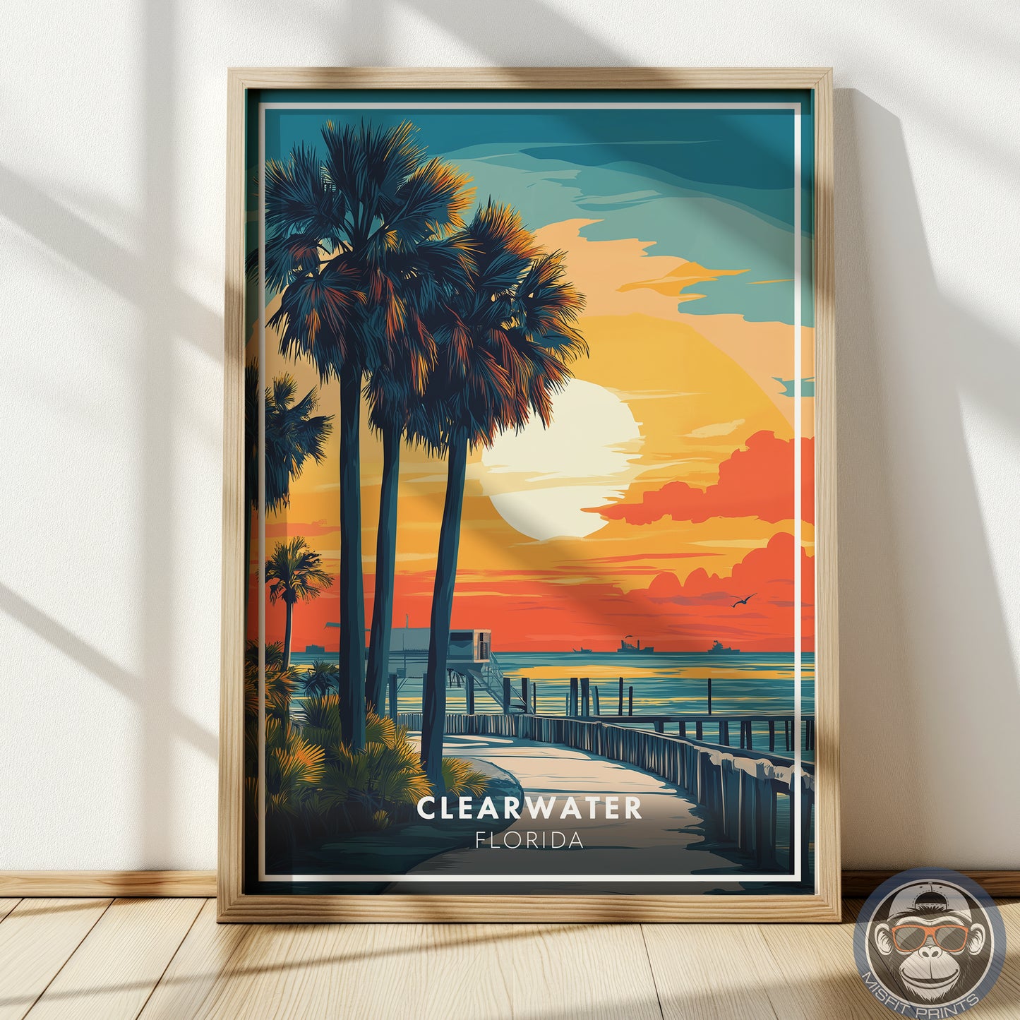 Clearwater Florida Poster | Beach Sunset Wall Art, Tropical Coastal Print, Palm Tree Illustration, Ocean Travel Decor