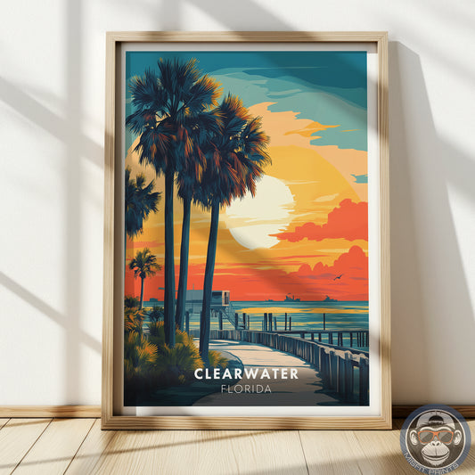 Clearwater Florida Poster | Beach Sunset Wall Art, Tropical Coastal Print, Palm Tree Illustration, Ocean Travel Decor