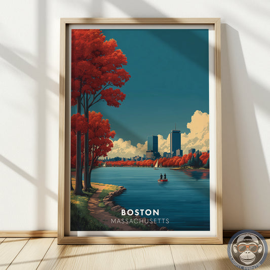 Boston, Massachusetts Travel Poster Print | Autumn Skyline Art | Charles River Sailboats