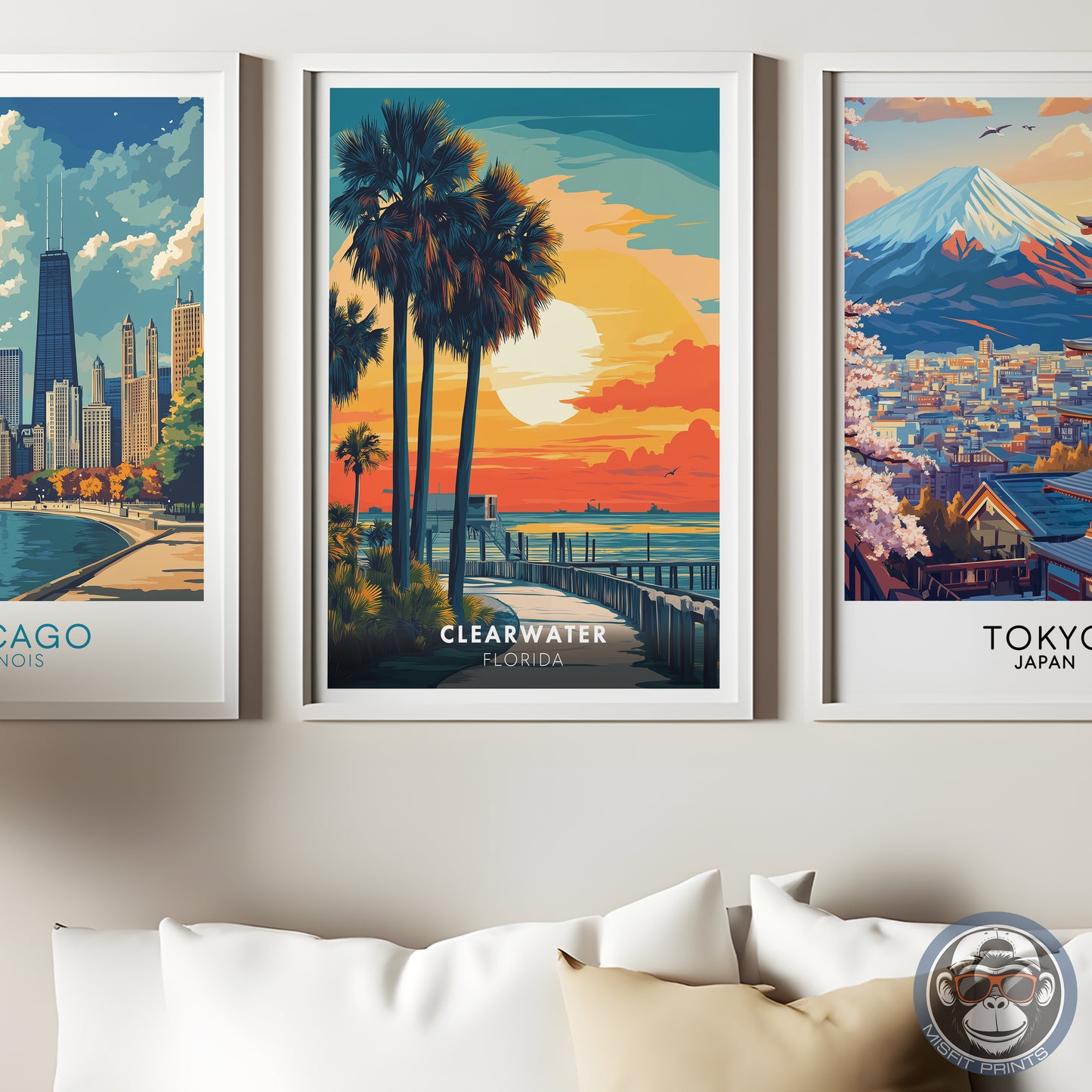 Clearwater Florida Poster | Beach Sunset Wall Art, Tropical Coastal Print, Palm Tree Illustration, Ocean Travel Decor