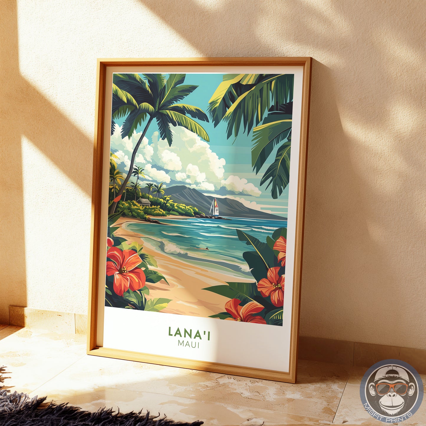 Lanai Maui Hawaii Poster | Tropical Beach Wall Art, Hawaiian Travel Print, Palm Tree Coastal Decor, Retro Island Illustration