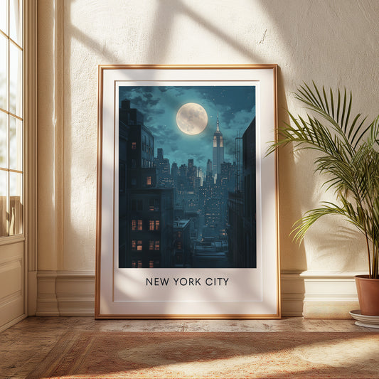New York City Night Poster — Vintage Moonlit Skyline Wall Art for Urban & Travel Decor
