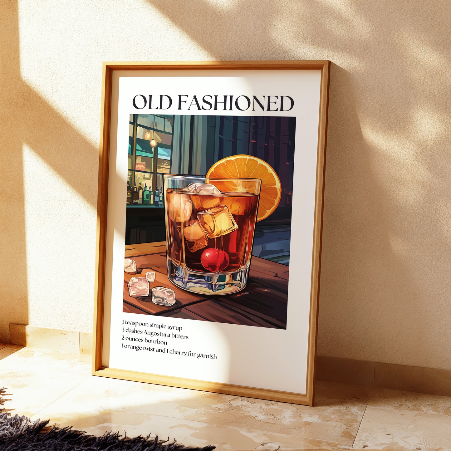 Old Fashioned Cocktail Poster — Classic Drink Recipe Wall Art Print for Bar & Kitchen
