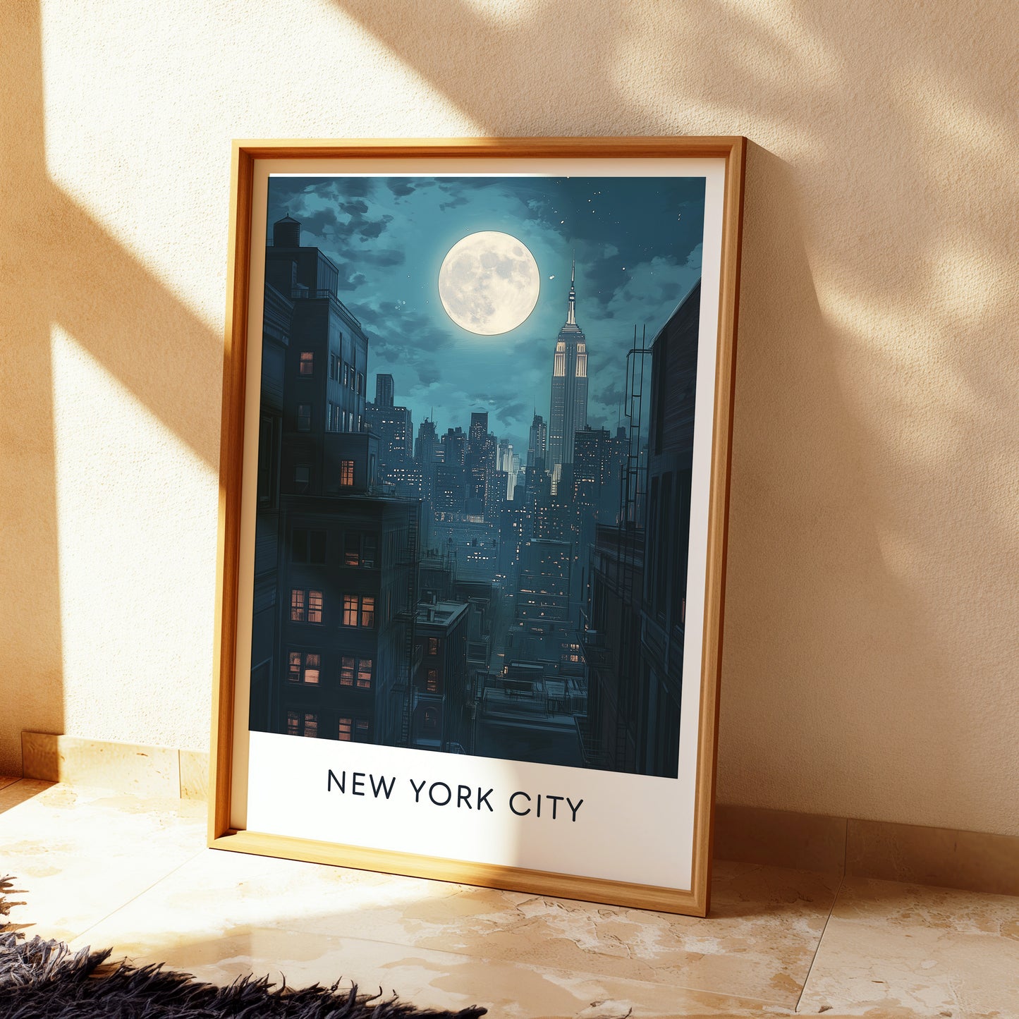 New York City Night Poster — Vintage Moonlit Skyline Wall Art for Urban & Travel Decor