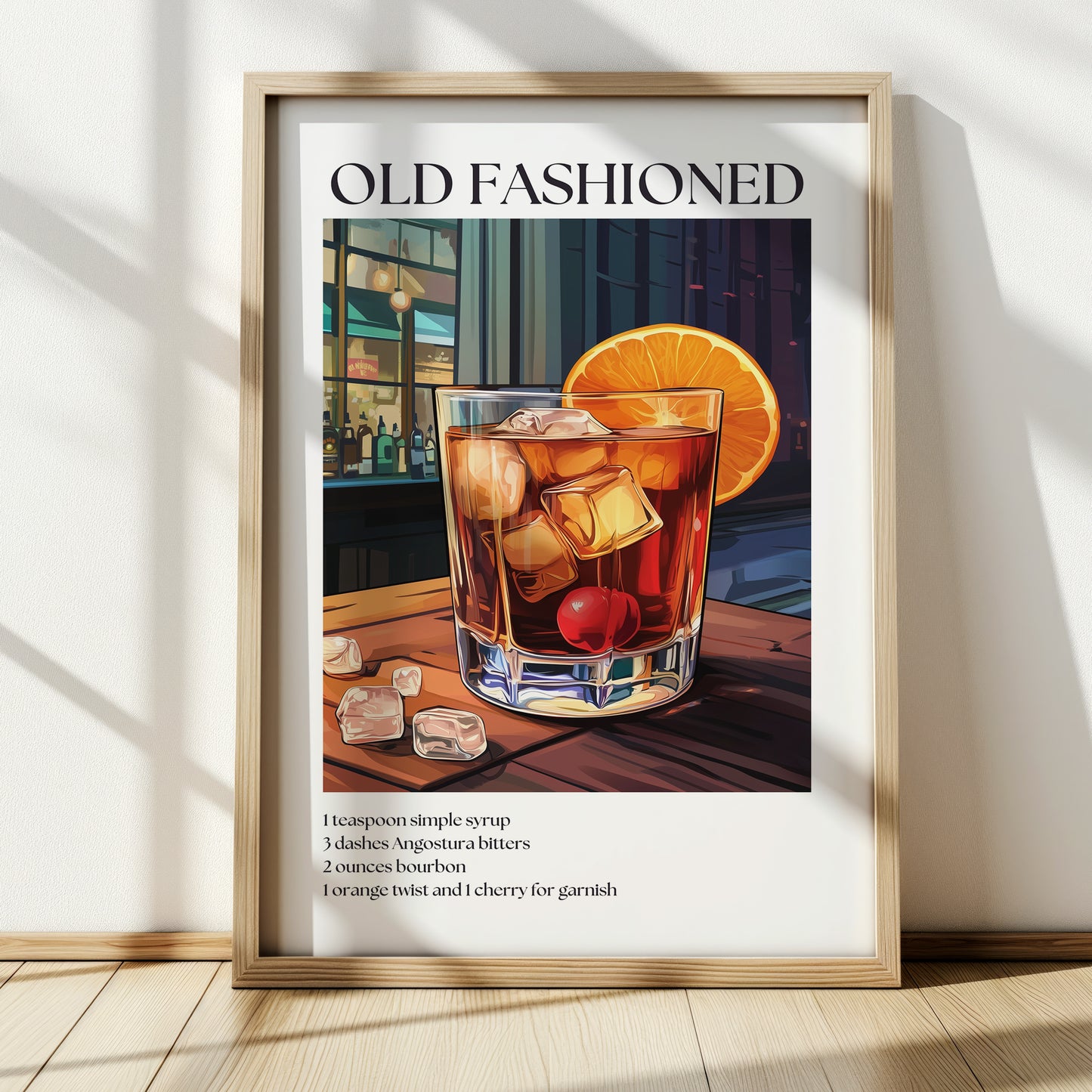 Old Fashioned Cocktail Poster — Classic Drink Recipe Wall Art Print for Bar & Kitchen