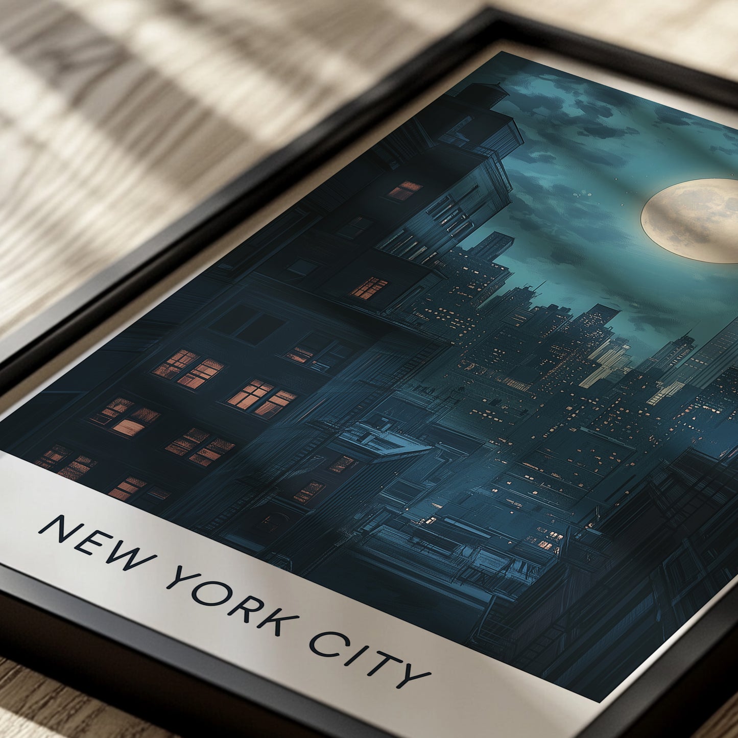 New York City Night Poster — Vintage Moonlit Skyline Wall Art for Urban & Travel Decor