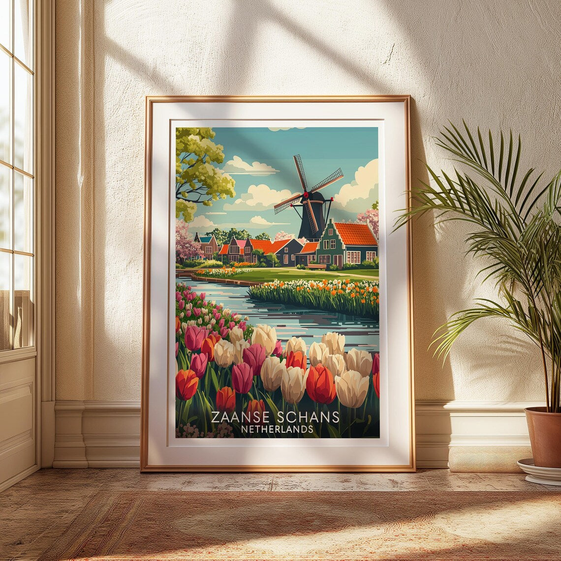Zaanse Schans Travel Poster – Dutch Windmill & Tulip Field Art
