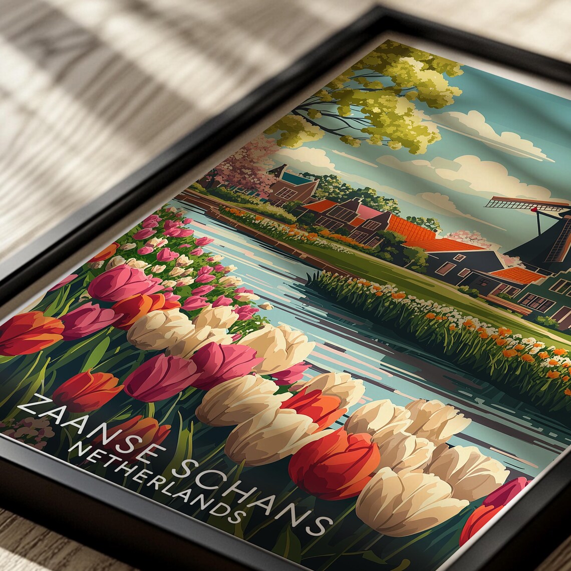 Zaanse Schans Travel Poster – Dutch Windmill & Tulip Field Art